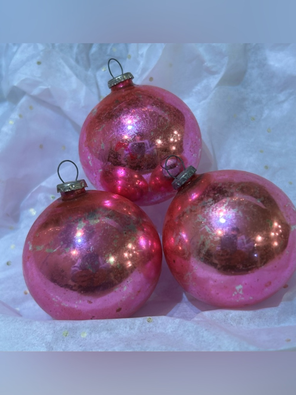 Lot of 3  Mini 1.6" Vintage 1950's Japanese Fuchsia/Pink Mercury Glass Ornaments